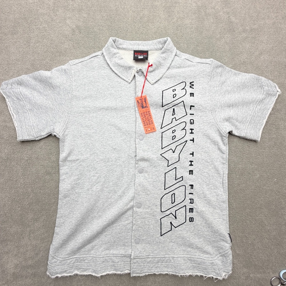 Babylon We Light The Fires Snap Front Shirt Mens Medium Gray Raw Edge NWT